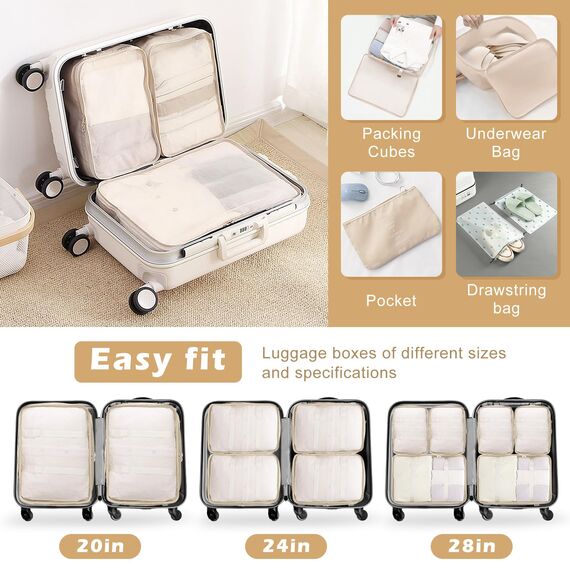 Gemtte Koffer Organizer Set 13-teilig, Wasserdicht Packing Cubes, Multifunktionale Travel Packwürfel, Kofferorganizer Packtaschen für Koffer, Reise Organizer Set Mit Kleidertaschen (Beige)