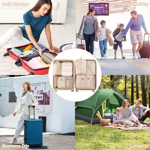 Koffer Organizer Set,10 Stück Packing Cubes, Packwürfel, Reise Gadgets, Kleidertaschen, Schuhbeutel und Kosmetik-Organizer für Koffer und Reise Gadgets (Beige)