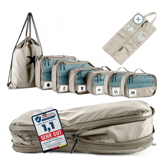SEESCHWALBE Packing Cubes Compression | 8-teilig | Premium Packwürfel kompression als ultraleichte Rucksack Organizer oder Koffer Organizer | inkl. Schuhbeutel (beige)