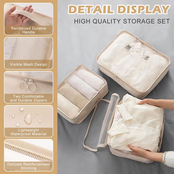 Gemtte Koffer Organizer Set 13-teilig, Wasserdicht Packing Cubes, Multifunktionale Travel Packwürfel, Kofferorganizer Packtaschen für Koffer, Reise Organizer Set Mit Kleidertaschen (Beige)