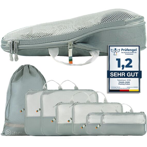 TRAVEL DUDE Packwürfel Set mit Kompression aus recycelten Plastikflaschen, Leichte Packing Cubes, Packtaschen Set für Rucksack und als Koffer Organizer, Zubehör (Stahlblau, 7-teiliges Set)