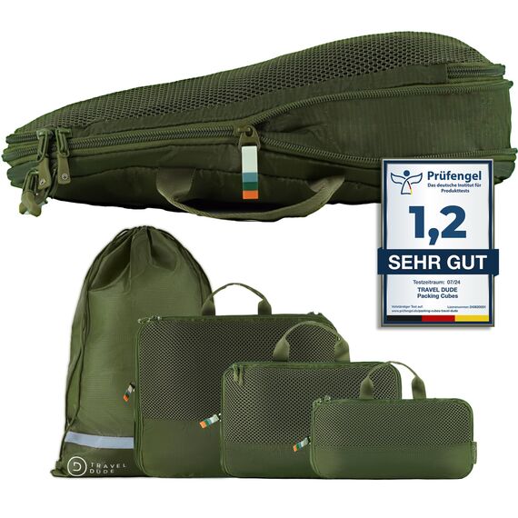 TRAVEL DUDE Packwürfel Set mit Kompression aus recycelten Plastikflaschen, Leichte Packing Cubes, Packtaschen Set für Rucksack und als Koffer Organizer, Zubehör (Wald Grün, 4-teiliges Set)
