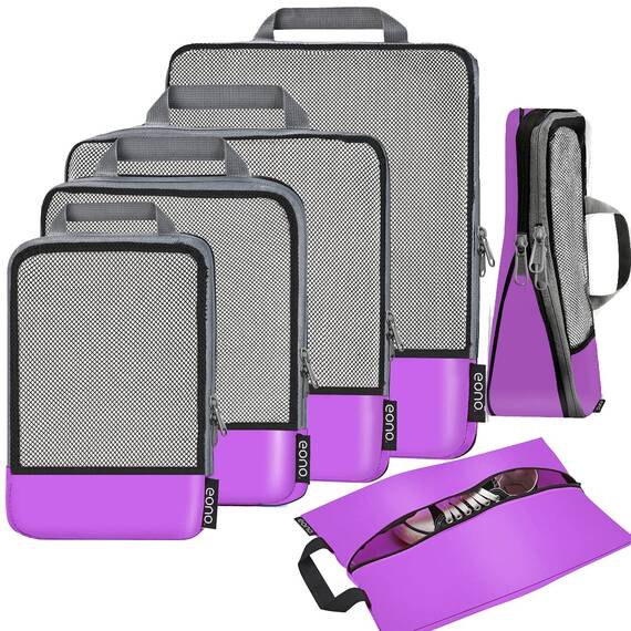 Eono by Amazon - Komprimierbaren Packwürfeln zur Organisation Ihres Reisegepäcks, Compression Packing Cube, Packtaschen Set & Gepäck Organizer für Rucksack & Koffer, Lila, 6-teilig