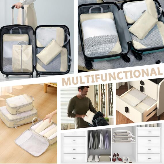 8 Teilige Compression Packing Cubes Set,Kleidertaschen,Schuhtaschen,Koffer Organizer Set,Organizer Packing Cubes Compression,für Koffer,Backpack,Reise organizers,Ordnungssystem für Koffers-Beige