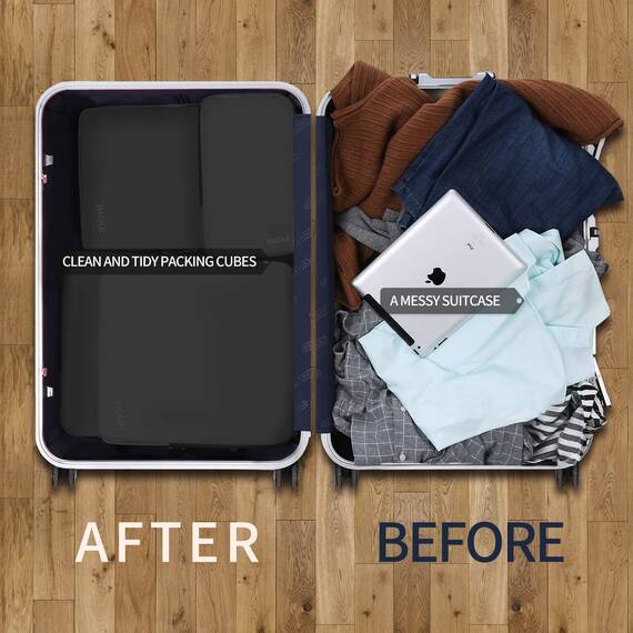 Eono by Amazon - Komprimierbaren Packwürfeln zur Organisation Ihres Reisegepäcks, Compression Packing Cube, Packtaschen Set & Gepäck Organizer für Rucksack & Koffer, Schwarz, 4-teilig