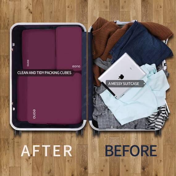 Eono by Amazon - Komprimierbaren Packwürfeln zur Organisation Ihres Reisegepäcks, Compression Packing Cube, Packtaschen Set & Gepäck Organizer für Rucksack & Koffer, Burgund, 3-teilig