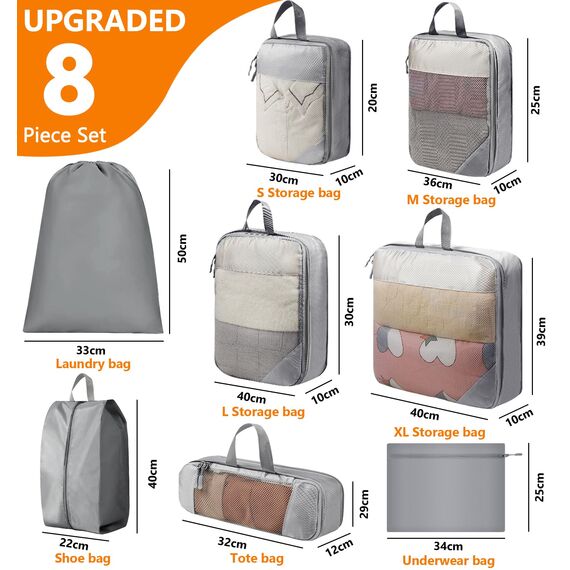 Vautvis Koffer Organizer Set, 8 Packing Cubes Compression Backpack, Packwürfel Kompression, Koffer Organizer Kompression, Kofferorganizer, Travel Essentials Reise Camping Zubehör & Wander Ausrüstung