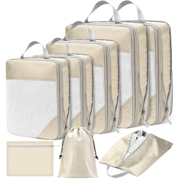 8 Teilige Compression Packing Cubes Set,Kleidertaschen,Schuhtaschen,Koffer Organizer Set,Organizer Packing Cubes Compression,für Koffer,Backpack,Reise organizers,Ordnungssystem für Koffers-Beige