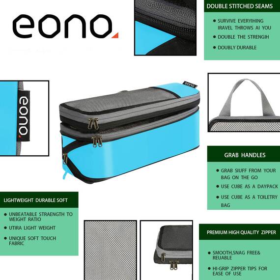 Amazon Marke: Eono Essentials Komprimierbaren Packwürfeln zur Organisation Ihres Reisegepäcks, Compression Packing Cube, Packtaschen Set & Gepäck Organizer für Rucksack & Koffer, Blau, 6-teilig