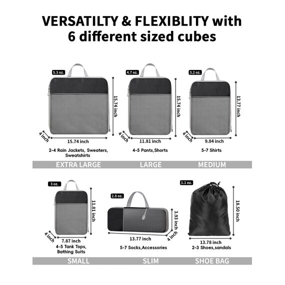 NMNGB 6 Stück Kompression Packwürfel für Koffer Essential Tasche mit Mesh Erweiterbar Reise Organizer Reißverschluss Multifunktions Organizer Schwarz