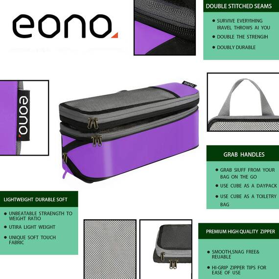 Eono by Amazon - Komprimierbaren Packwürfeln zur Organisation Ihres Reisegepäcks, Compression Packing Cube, Packtaschen Set & Gepäck Organizer für Rucksack & Koffer, Lila, 6-teilig