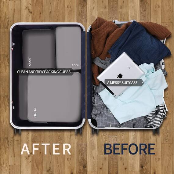 Eono by Amazon - Komprimierbaren Packwürfeln zur Organisation Ihres Reisegepäcks, Compression Packing Cube, Packtaschen Set & Gepäck Organizer für Rucksack & Koffer, Grau, 4-teilig