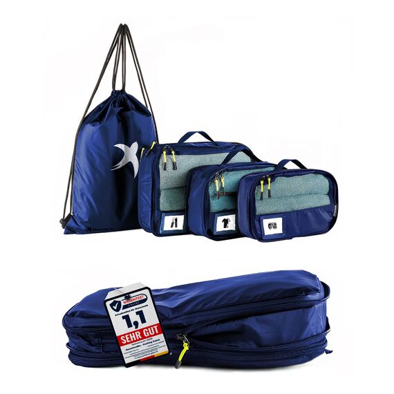 SEESCHWALBE Packing Cubes Compression für Koffer und Rucksack mit Packbeutel | mehr Platz im Koffer oder Backpack durch Kompression | Packwürfel Rucksack für deine Wander Ausrüstung (4-teilig, blau)