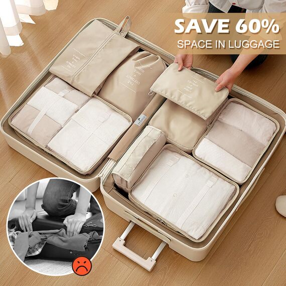 Gemtte Koffer Organizer Set 13-teilig, Wasserdicht Packing Cubes, Multifunktionale Travel Packwürfel, Kofferorganizer Packtaschen für Koffer, Reise Organizer Set Mit Kleidertaschen (Beige)