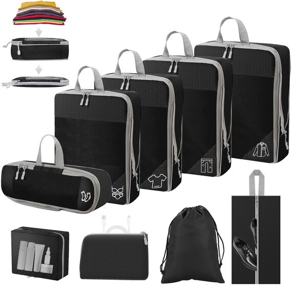 Kixolo 9-teiliges Packing Cubes Compression Set, Koffer Organizer, Packwürfel, Wasserdicht, für Handgepäck, Koffer und Rucksack (Schwarz)