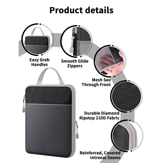 NMNGB 6 Stück Kompression Packwürfel für Koffer Essential Tasche mit Mesh Erweiterbar Reise Organizer Reißverschluss Multifunktions Organizer Schwarz