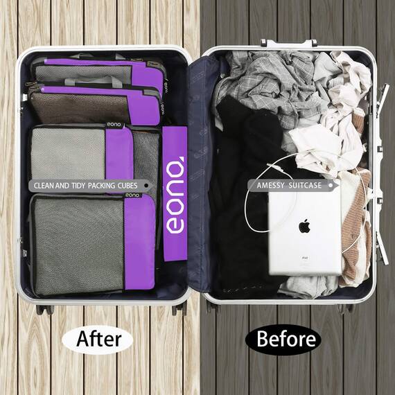 Eono by Amazon - Komprimierbaren Packwürfeln zur Organisation Ihres Reisegepäcks, Compression Packing Cube, Packtaschen Set & Gepäck Organizer für Rucksack & Koffer, Lila, 6-teilig