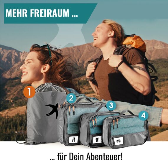 Packing Cubes Set für Koffer und Rucksack - mehr Platz im Gepäck durch Kompression - Packtaschen für Koffer als Dein Travel Organizer fürs Backpacking und Reisen (4-teilig, grau)