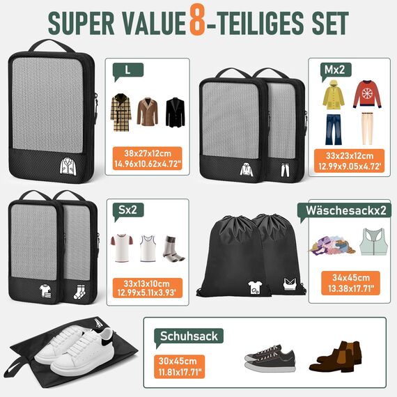 8 Teilige Compression Packing Cubes, Koffer Organizer Kompression PackwüRfel Packtaschen FüR Backpack Rucksack Reisen Organizer Schwarz