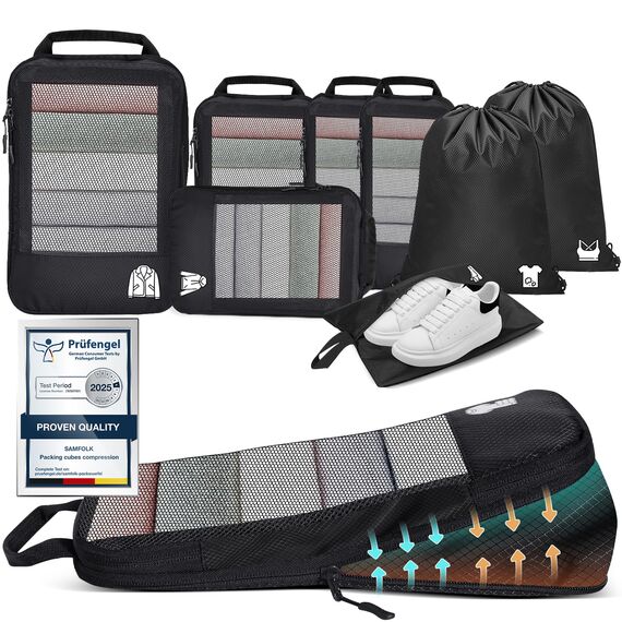 8 Teilige Compression Packing Cubes, Koffer Organizer Kompression PackwüRfel Packtaschen FüR Backpack Rucksack Reisen Organizer Schwarz