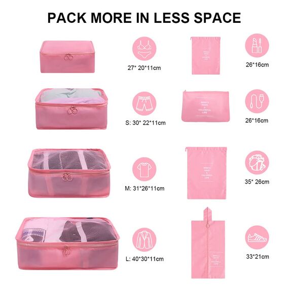 OSDUE Koffer Organizer Set 8-teilig, Packing Cubes, wasserdichte Reise Kleidertaschen, Packtaschen für Koffer, Verpackungswürfel mit Schuhbeutel, USB Kabel Tasche (Rosa)