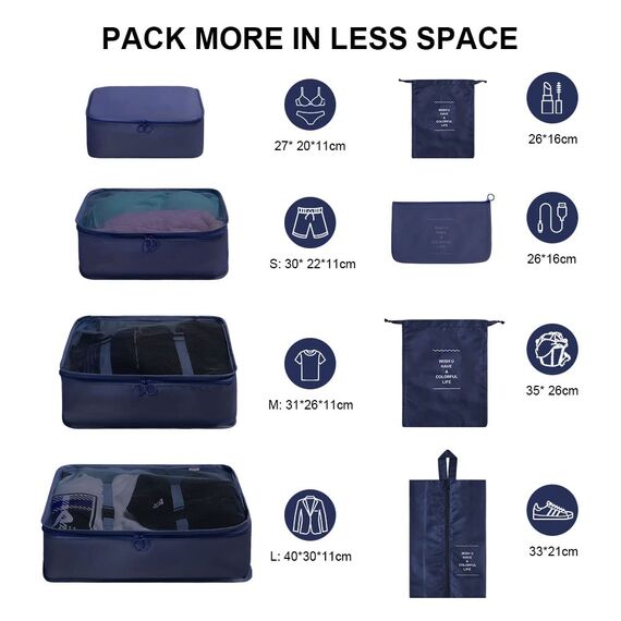 OSDUE Koffer Organizer Set 8-teilig, Packing Cubes, Wasserdichte Reise Kleidertaschen, Packtaschen für koffer, Verpackungswürfel mit Schuhbeutel, USB Kabel Tasche (Navy Blau)