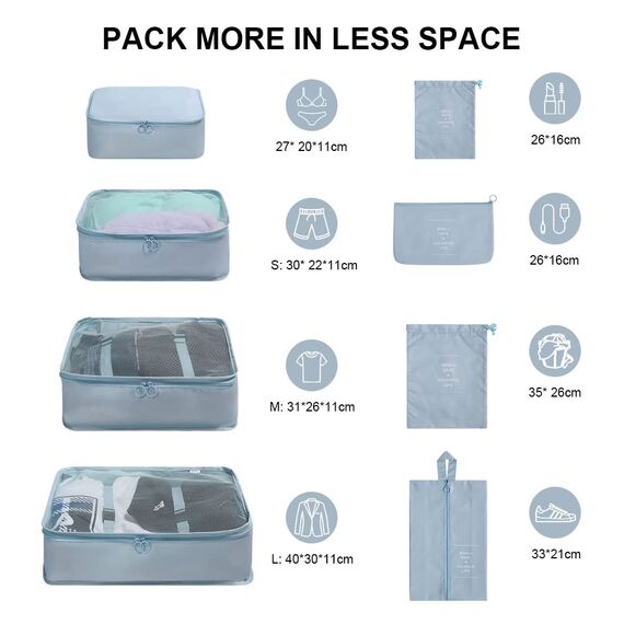 OSDUE Koffer Organizer Set 8-teilig, Packing Cubes, Wasserdichte Reise Kleidertaschen, Packtaschen für koffer, Verpackungswürfel mit Schuhbeutel, USB Kabel Tasche (Blauer See)