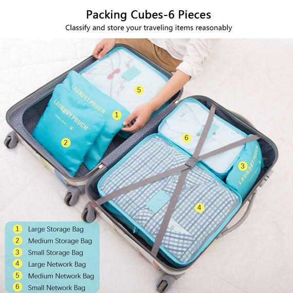 Vicloon Koffer Organizer, 8-in-1-Set Gepäck Organizer, wasserdichte Reise Kleidertaschen umfassen 2 Schuhbeutel, 3 Packwürfel und 3 Aufbewahrungsbeutel, für Kleidung Schuhe Kosmetik - Hellblau
