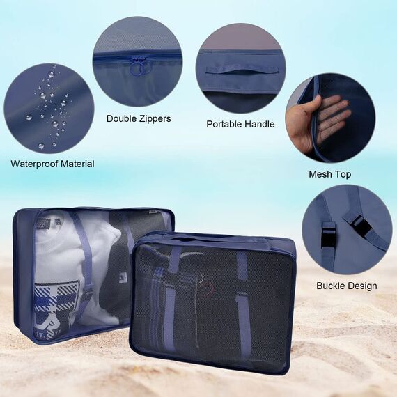 OSDUE Koffer Organizer Set 8-teilig, Packing Cubes, Wasserdichte Reise Kleidertaschen, Packtaschen für koffer, Verpackungswürfel mit Schuhbeutel, USB Kabel Tasche (Navy Blau)
