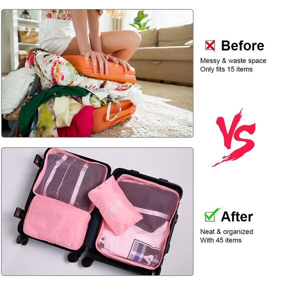 OSDUE Koffer Organizer Set 8-teilig, Packing Cubes, wasserdichte Reise Kleidertaschen, Packtaschen für Koffer, Verpackungswürfel mit Schuhbeutel, USB Kabel Tasche (Rosa)