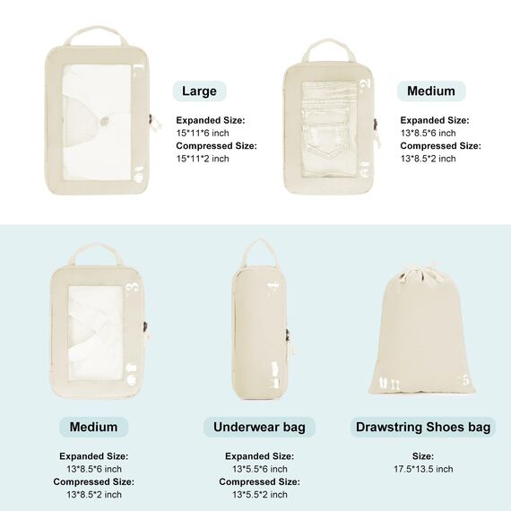 ECOHUB 5 Teilige Kompression Koffer Organizer Set für Rucksack Compression Packing Cubes Packwürfel Kofferorganizer Packtaschen Kleidertaschen für Koffer Reiseorganizer(Beige)