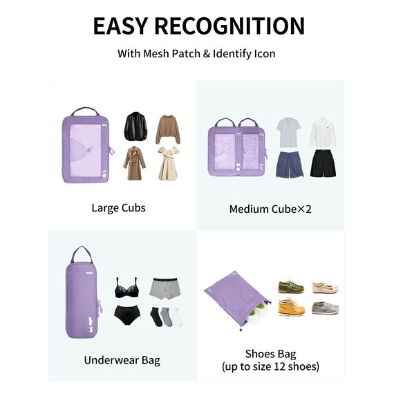 ECOHUB 5 Teilige Kompression Koffer Organizer Set für Rucksack Compression Packing Cubes Packwürfel Kofferorganizer Packtaschen Kleidertaschen für Koffer Reiseorganizer(Helles Violett)