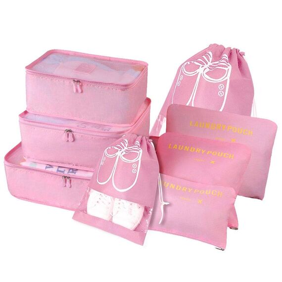 Vicloon Koffer Organizer, 8-in-1-Set Gepäck Organizer, Wasserdichte Reise Kleidertaschen umfassen 2 Schuhbeutel, 3 Packwürfel und 3 Aufbewahrungsbeutel, für Kleidung Schuhe Unterwäsche Kosmetik - Rosa