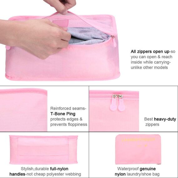 Vicloon Koffer Organizer, 8-in-1-Set Gepäck Organizer, Wasserdichte Reise Kleidertaschen umfassen 2 Schuhbeutel, 3 Packwürfel und 3 Aufbewahrungsbeutel, für Kleidung Schuhe Unterwäsche Kosmetik - Rosa