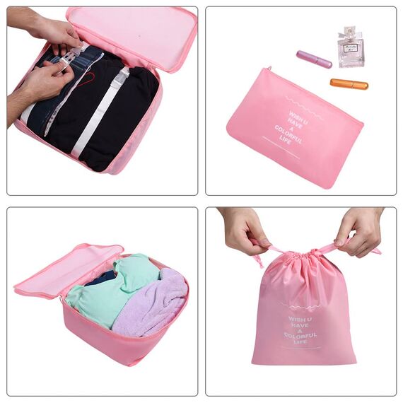OSDUE Koffer Organizer Set 8-teilig, Packing Cubes, wasserdichte Reise Kleidertaschen, Packtaschen für Koffer, Verpackungswürfel mit Schuhbeutel, USB Kabel Tasche (Rosa)