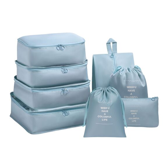 OSDUE Koffer Organizer Set 8-teilig, Packing Cubes, Wasserdichte Reise Kleidertaschen, Packtaschen für koffer, Verpackungswürfel mit Schuhbeutel, USB Kabel Tasche (Blauer See)