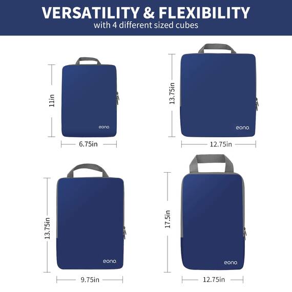 Eono by Amazon - Komprimierbaren Packwürfeln zur Organisation Ihres Reisegepäcks, Compression Packing Cube, Packtaschen Set & Gepäck Organizer für Rucksack & Koffer, Navy, 4-teilig