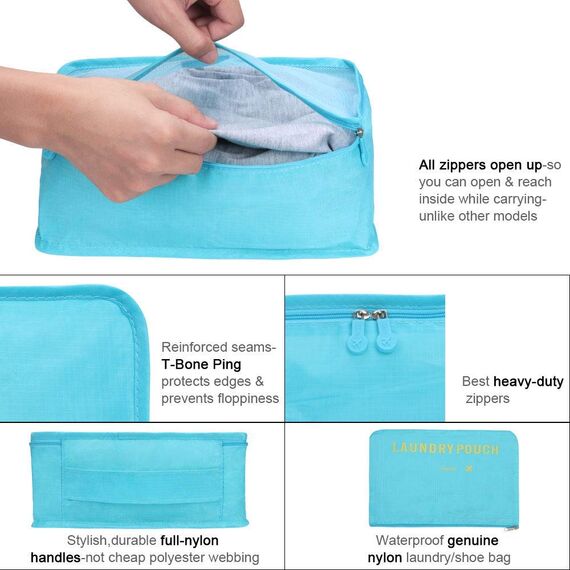 Vicloon Koffer Organizer, 8-in-1-Set Gepäck Organizer, wasserdichte Reise Kleidertaschen umfassen 2 Schuhbeutel, 3 Packwürfel und 3 Aufbewahrungsbeutel, für Kleidung Schuhe Kosmetik - Hellblau