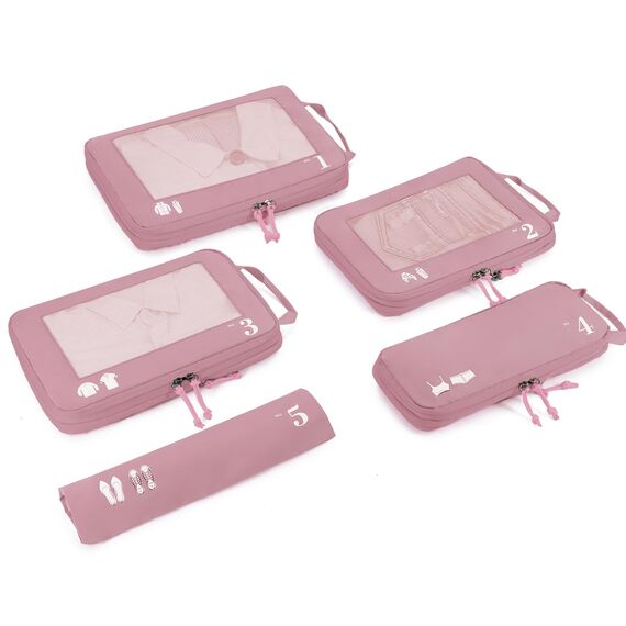 ECOHUB 5 Teilige Kompression Koffer Organizer Set für Rucksack Compression Packing Cubes Packwürfel Kofferorganizer Packtaschen Kleidertaschen für Koffer Reiseorganizer(Rosa)