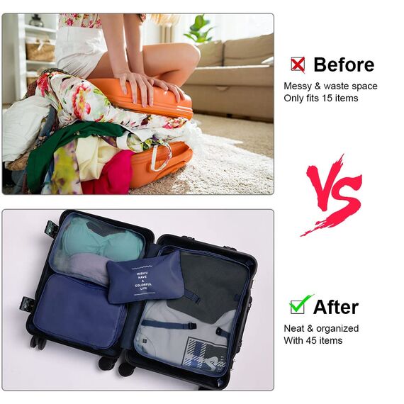 OSDUE Koffer Organizer Set 8-teilig, Packing Cubes, Wasserdichte Reise Kleidertaschen, Packtaschen für koffer, Verpackungswürfel mit Schuhbeutel, USB Kabel Tasche (Navy Blau)
