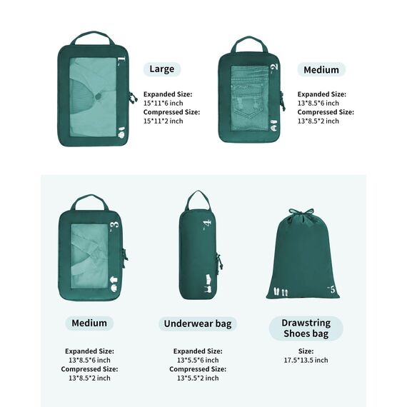 ECOHUB 5 Teilige Kompression Koffer Organizer Set für Rucksack Compression Packing Cubes Packwürfel Kofferorganizer Packtaschen Kleidertaschen für Koffer Reiseorganizer(Dunkles Grün)