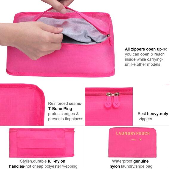 Vicloon Koffer Organizer, 8-in-1-Set Gepäck Organizer, wasserdichte Reise Kleidertaschen umfassen 2 Schuhbeutel, 3 Packwürfel und 3 Aufbewahrungsbeutel, für Kleidung Schuhe Kosmetik - Rose Rot