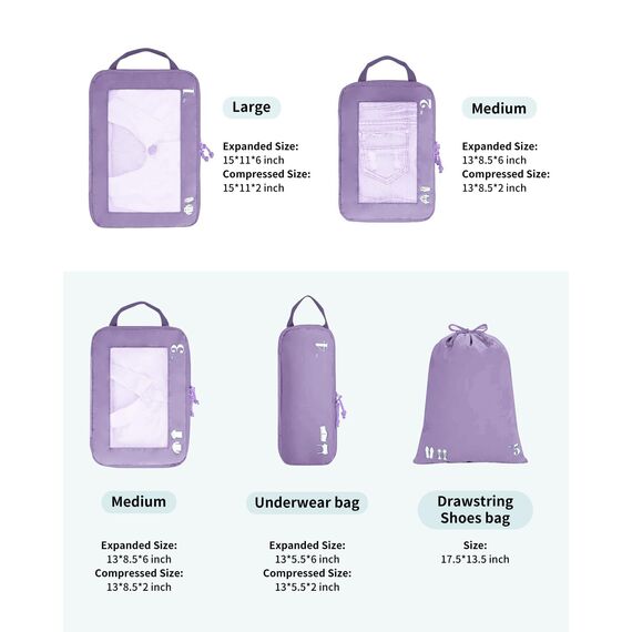 ECOHUB 5 Teilige Kompression Koffer Organizer Set für Rucksack Compression Packing Cubes Packwürfel Kofferorganizer Packtaschen Kleidertaschen für Koffer Reiseorganizer(Helles Violett)