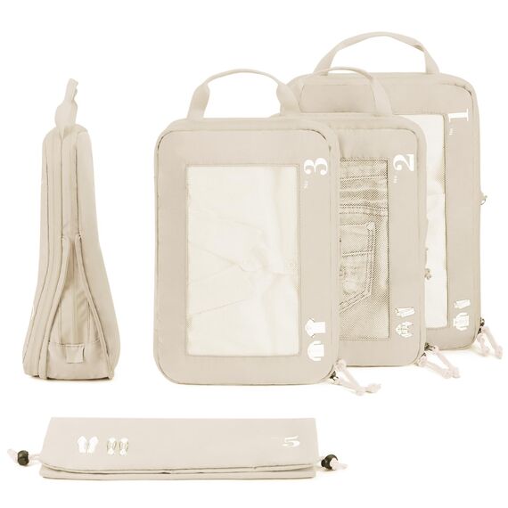 ECOHUB 5 Teilige Kompression Koffer Organizer Set für Rucksack Compression Packing Cubes Packwürfel Kofferorganizer Packtaschen Kleidertaschen für Koffer Reiseorganizer(Beige)