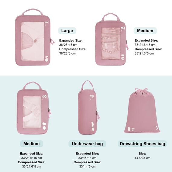 ECOHUB 5 Teilige Kompression Koffer Organizer Set für Rucksack Compression Packing Cubes Packwürfel Kofferorganizer Packtaschen Kleidertaschen für Koffer Reiseorganizer(Rosa)
