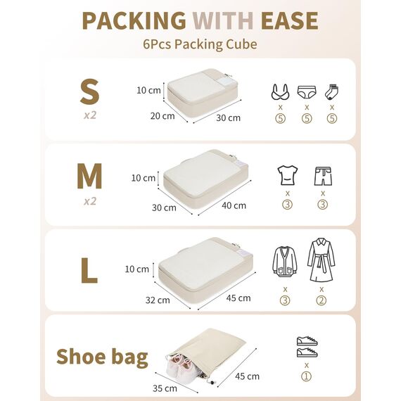 ECOHUB Koffer Organizer Set, 6-teilige Packing Cubes mit ID-Tag, Recycelte Packwürfel für Reisen, Leichte Packtaschen für Koffer, Atmungsaktiver Travel Rucksack Organizer, Patent anhängig(Beige)