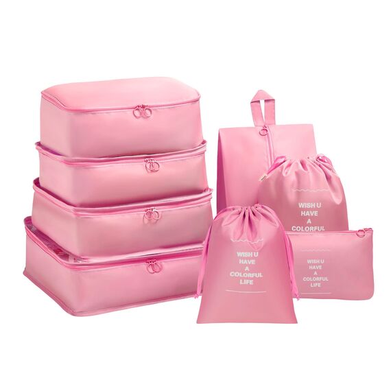 OSDUE Koffer Organizer Set 8-teilig, Packing Cubes, wasserdichte Reise Kleidertaschen, Packtaschen für Koffer, Verpackungswürfel mit Schuhbeutel, USB Kabel Tasche (Rosa)