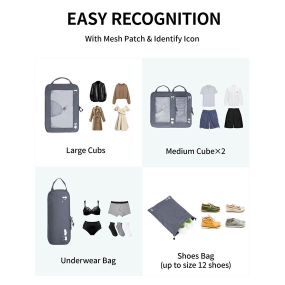 ECOHUB 5 Teilige Kompression Koffer Organizer Set für Rucksack Compression Packing Cubes Packwürfel Kofferorganizer Packtaschen Kleidertaschen für Koffer Reiseorganizer(Dunkles Grau)