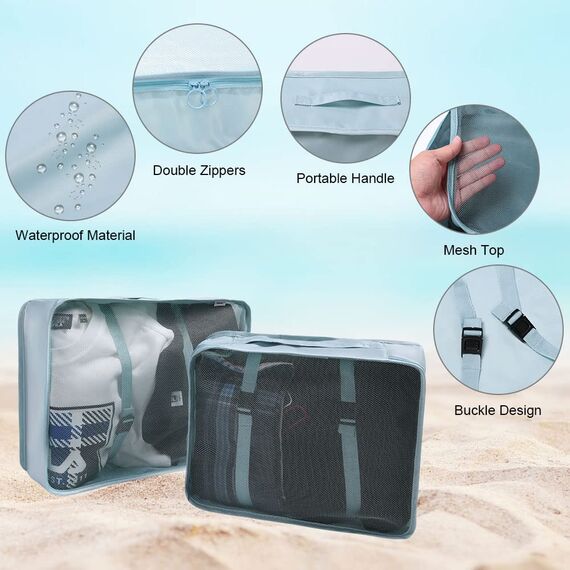 OSDUE Koffer Organizer Set 8-teilig, Packing Cubes, Wasserdichte Reise Kleidertaschen, Packtaschen für koffer, Verpackungswürfel mit Schuhbeutel, USB Kabel Tasche (Blauer See)