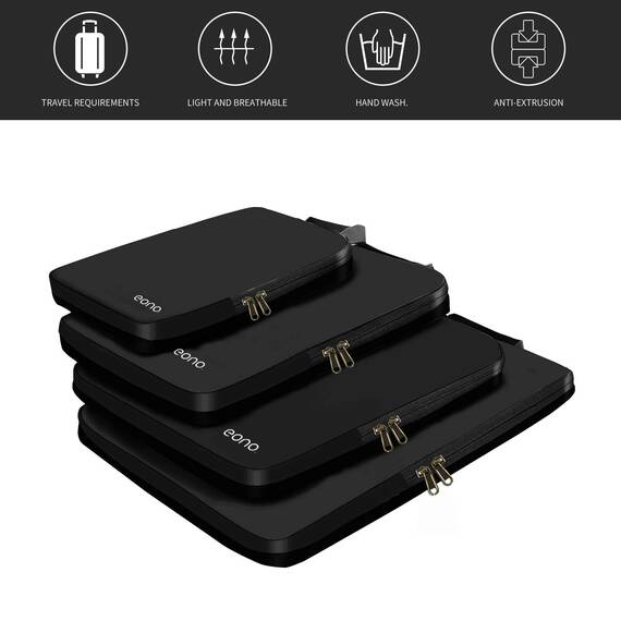 Eono by Amazon - Komprimierbaren Packwürfeln zur Organisation Ihres Reisegepäcks, Compression Packing Cube, Packtaschen Set & Gepäck Organizer für Rucksack & Koffer, Schwarz, 3-teilig
